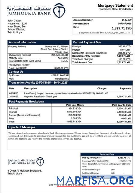 Printable Libya Jumhouria Bank mortgage statement Word and PDF template